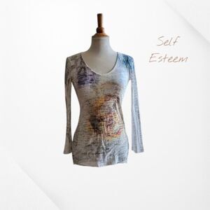 Self Esteem Graphic Top Burnout Knit Sheer Art Print Fitted Tee